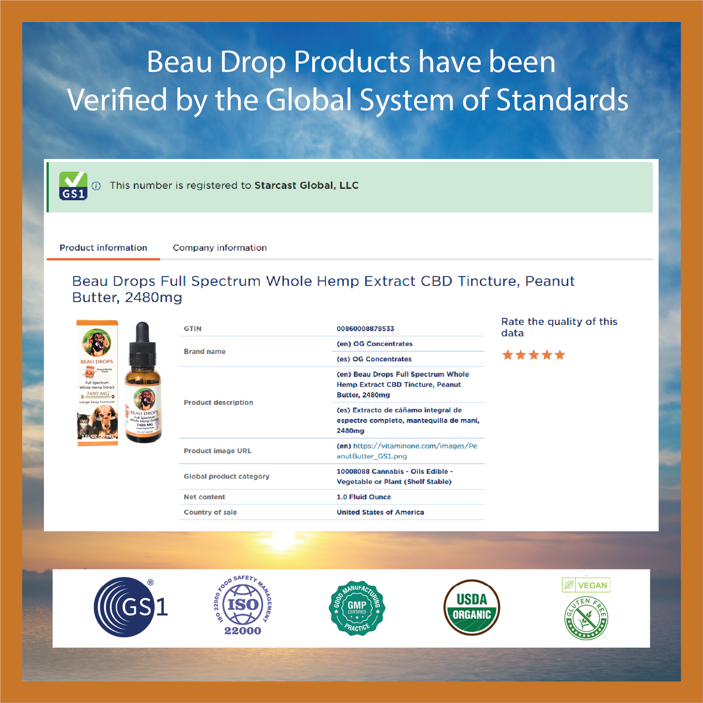 Beau Drops Full Spectrum Whole Hemp Extract, Peanut Butter Flavor